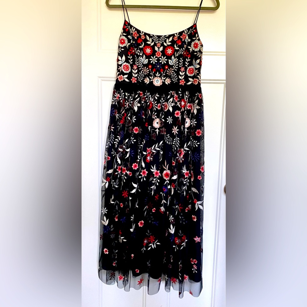 BHLDN cocktail dress, beading & sequins on bodice, embroidery on mesh skirt.